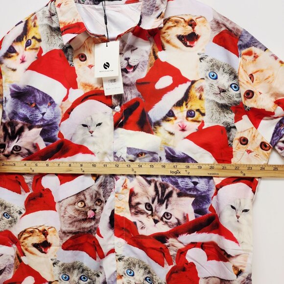 Mens Christmas Cat Print Button-Up Short Sleeve Shirt By SSLR Size XL - Picture 8 of 8
